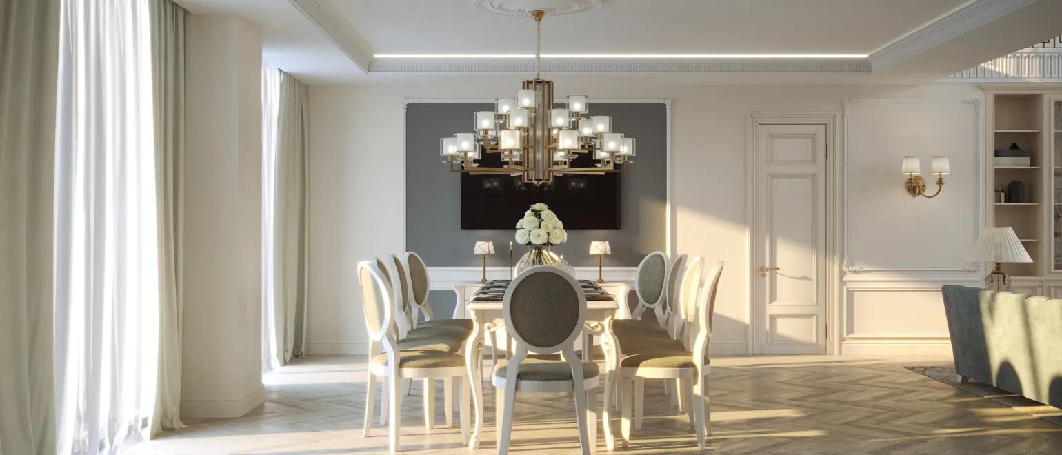 Complete home remodeling project in Los Angeles featuring open concept dining room, modern lighting, hardwood flooring, and luxury finishes