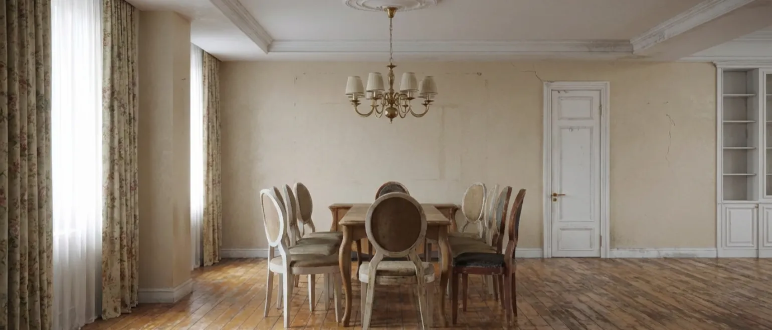 Before complete home remodeling in Los Angeles showing outdated dining room, old flooring, and closed layout