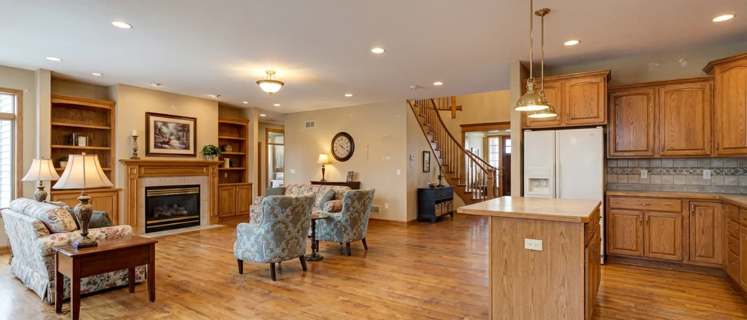 Before interior remodeling project in Los Angeles showing outdated living room, kitchen, and closed layout design