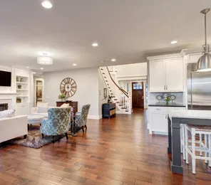 Complete home remodeling project in Los Angeles with open concept living room and kitchen renovation